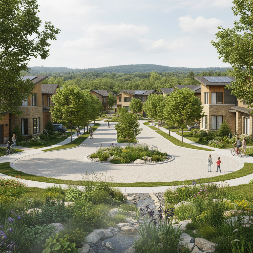 A rain garden managing stormwater runoff in an Ontario residential neighbourhood