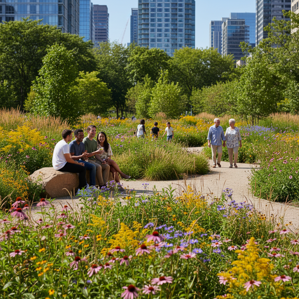 A naturalized schoolyard with native plantings and outdoor learning areas in Ontario