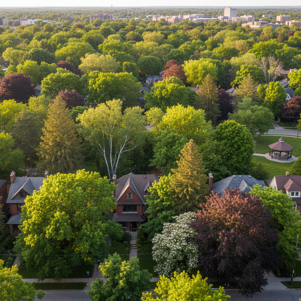 Dense tree canopy in a mature Ontario neighbourhood