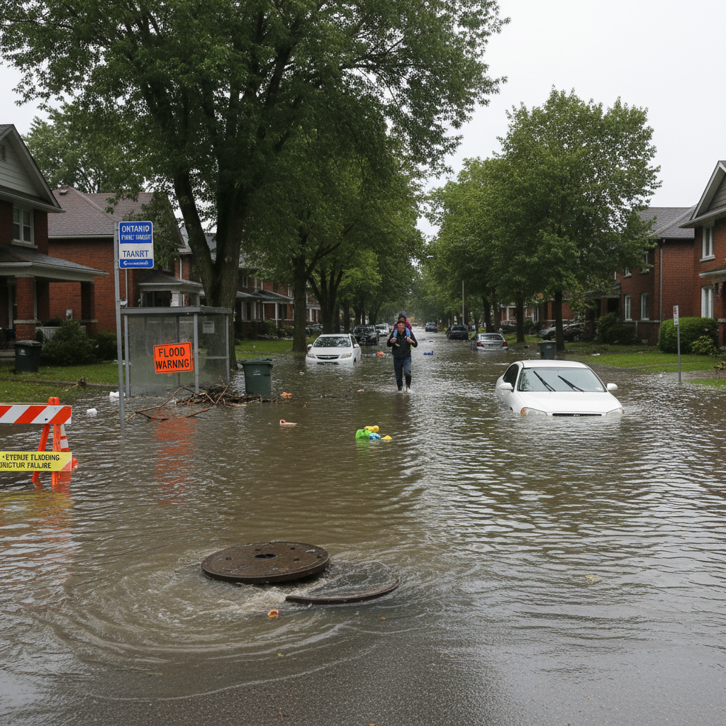 Stormwater runoff on an Ontario street during a summer rain event, showing impervious surface effects