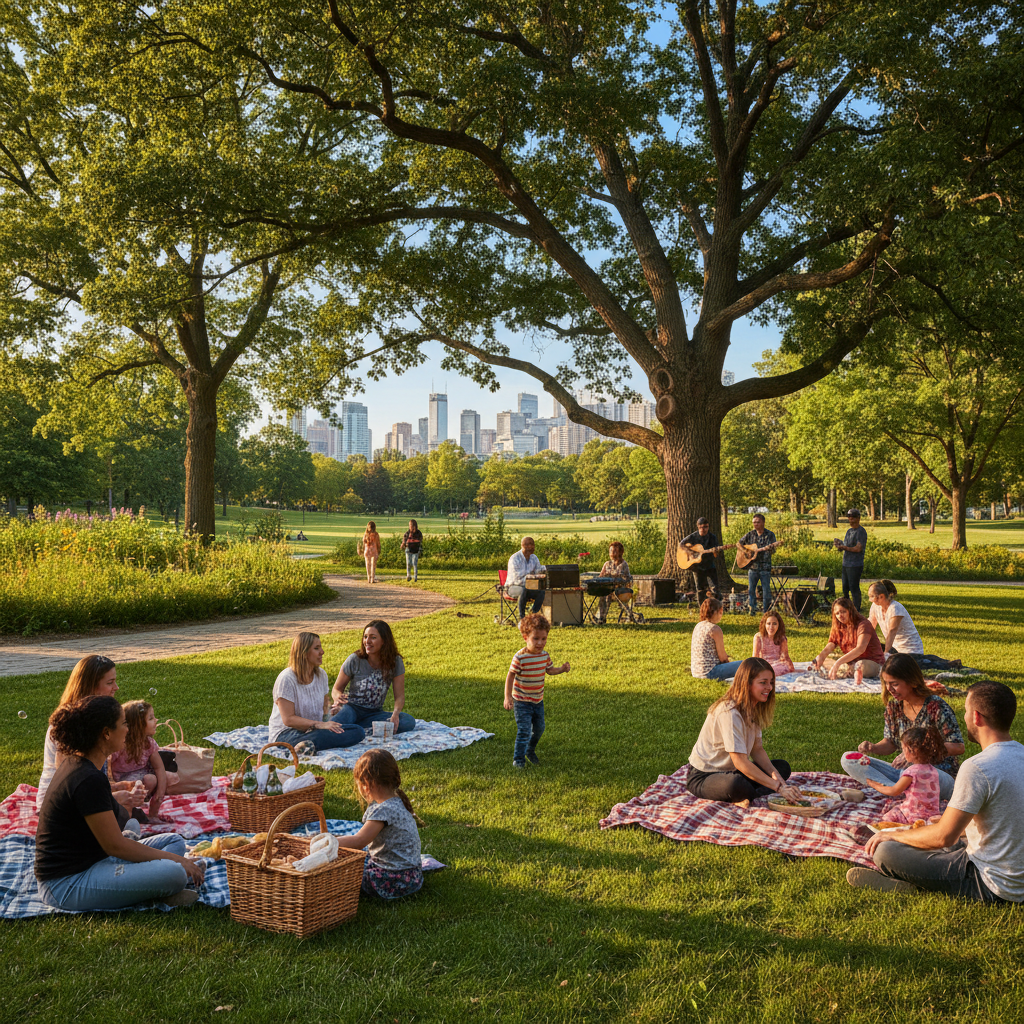 A riverfront park in an Ontario community with pedestrian paths and green space