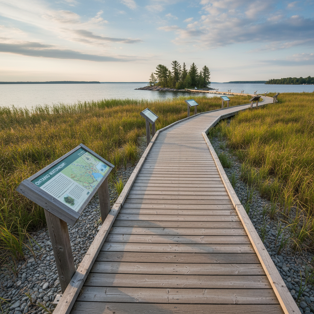 A wooden boardwalk trail along a lakefront wetland in an Ontario community