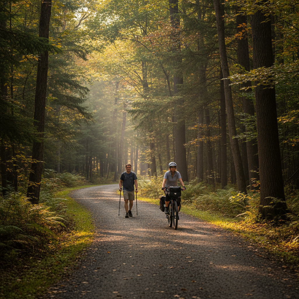 Hikers on a forested trail in Ontario during autumn